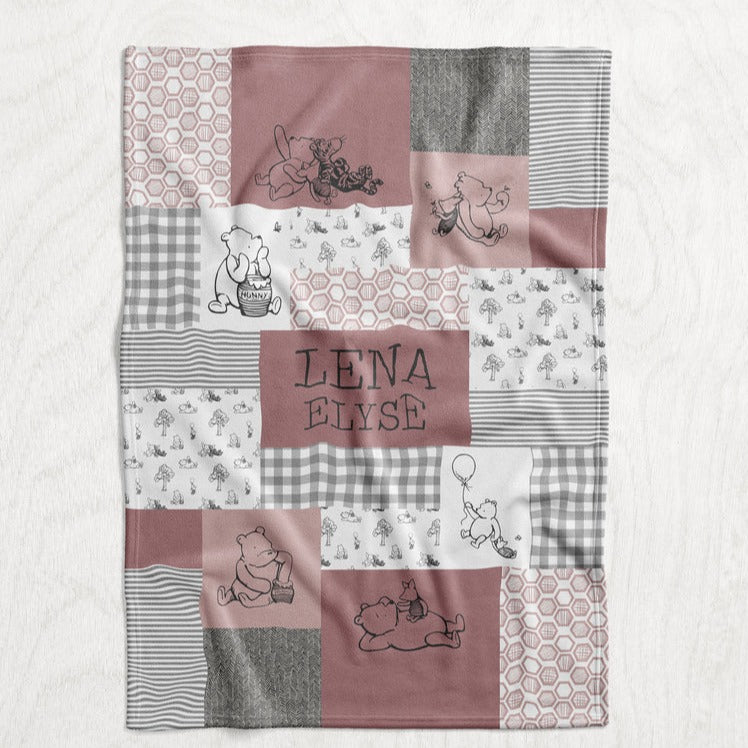 Personalized Pooh Inspired Blanket - Dusty Pink Classic Winnie the Pooh Faux Quilt Style Plush Minky Blanket