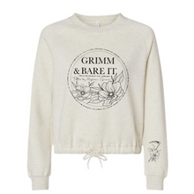 Load image into Gallery viewer, Grimm &amp; Bare It- oatmeal crop tie front sweatshirt- gray floral with sickel on arm
