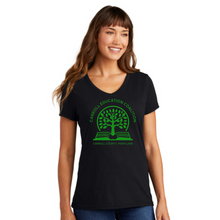 Load image into Gallery viewer, Carroll education coalition- black ladie's fit vneck tee  with green design
