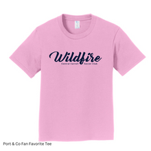 Load image into Gallery viewer, CCSC-WILDFIRE TEXT- Port and Co YOUTH Fan Favorite tee- Pink + Navy
