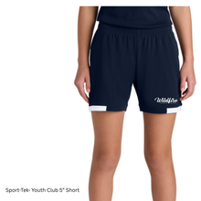 Load image into Gallery viewer, CCSC-WILDFIRE TEXT - Sport-Tek® Youth Club 5” Short -Navy + white
