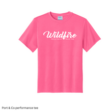 Load image into Gallery viewer, CCSC-WILDFIRE TEXT - Port and Co YOUTH performance tee- neon pink + white
