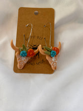 Load image into Gallery viewer, Western floral bull skull polymer dangle earrings
