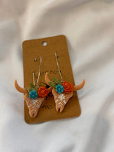 Load image into Gallery viewer, Western floral bull skull polymer dangle earrings
