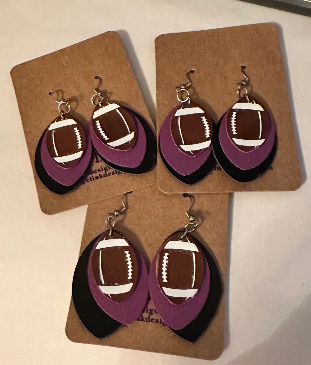 Purple and Black Football Faux Leather Earrings