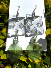 Load image into Gallery viewer, Silver Dangling Earrings with Vintage Glass Gems and Leaf Charms
