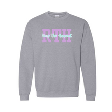 Load image into Gallery viewer, RTH purple/mint logo on gray crewneck sweatshirt
