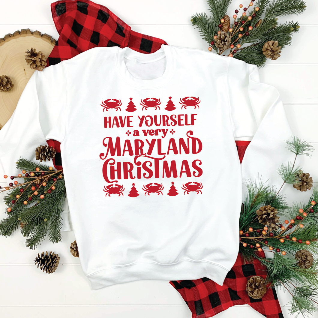 Maryland Christmas Sweatshirt- white with red text