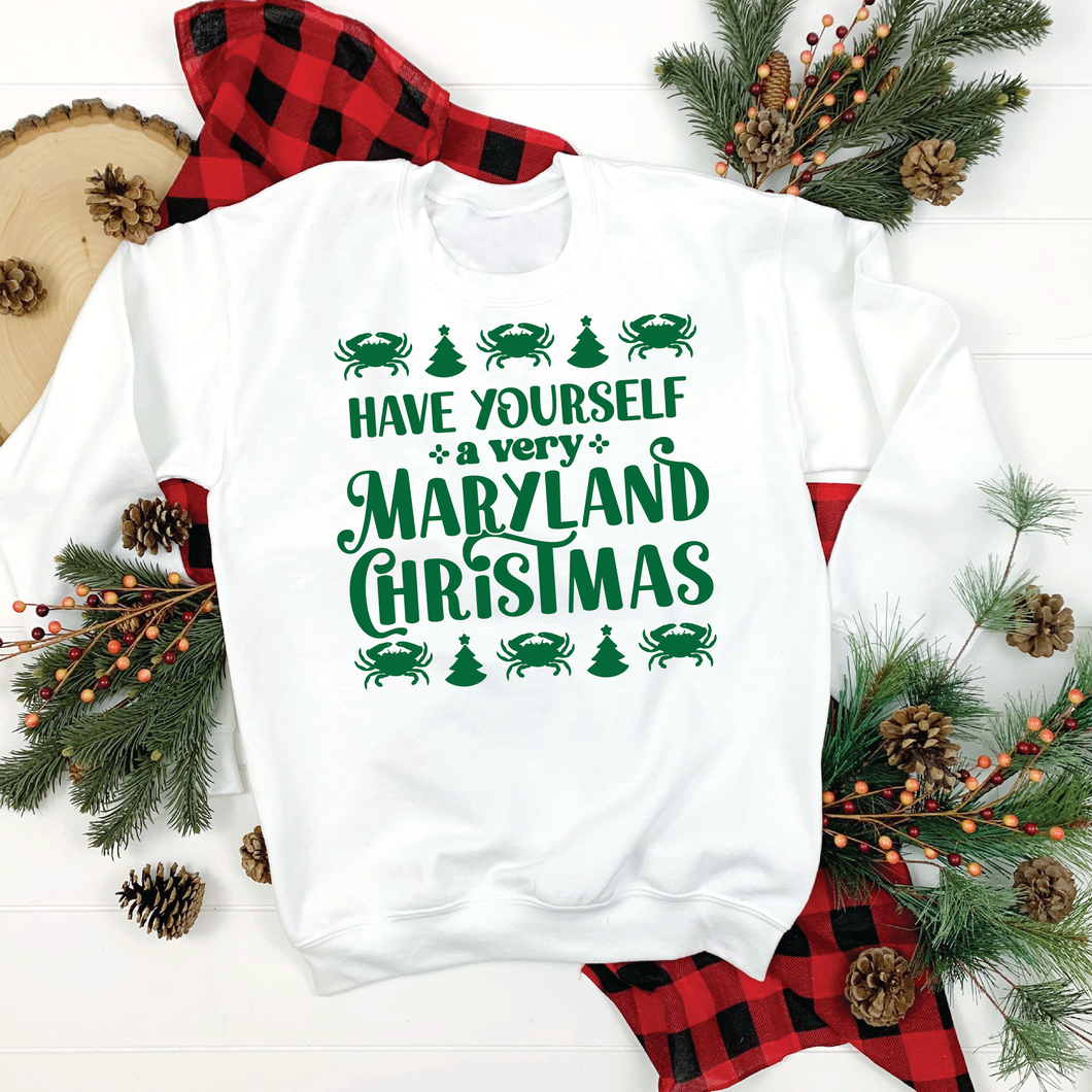 Maryland Christmas Sweatshirt- white with green text