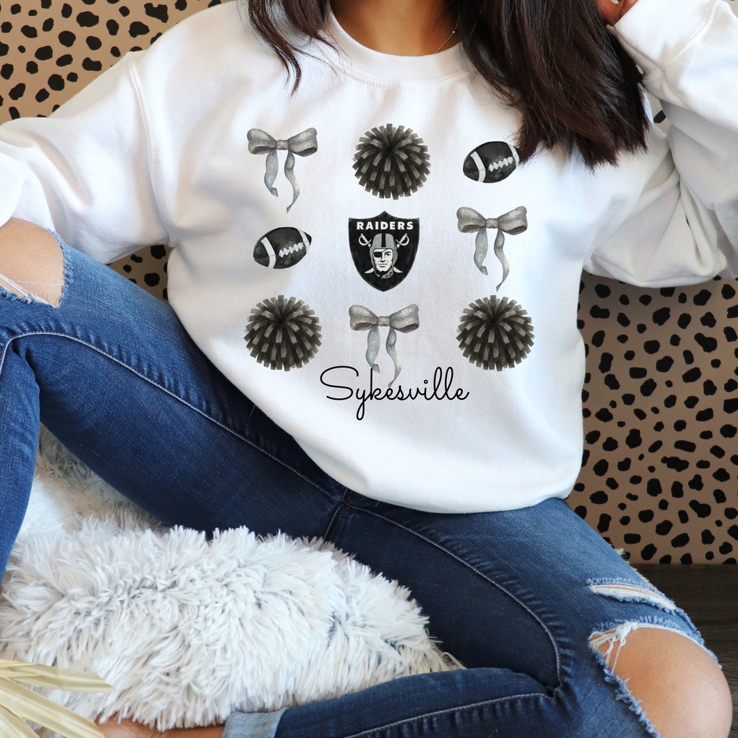 Sykesville Raiders football & cheer watercolor bows-  tee, long sleeve, hoodie, crewneck-white
