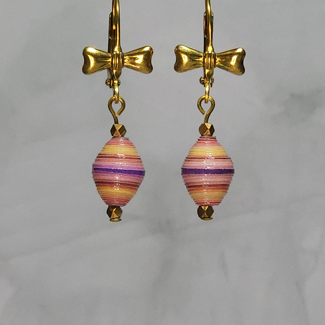 Brass Bow Lever Back Multi-Color Paper Bead Earrings - 1-3/8