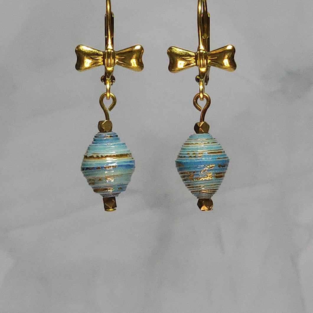 Brass Bow Lever Back Light Blue Earrings - 1-3/8