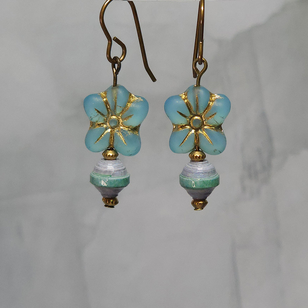 Aqua Retro Flower and Saturn Paper Bead Earrings - 1-5/8