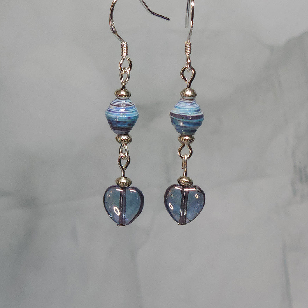 Dangle Hearts and Blue Paper Bead Earrings - 1-3/4