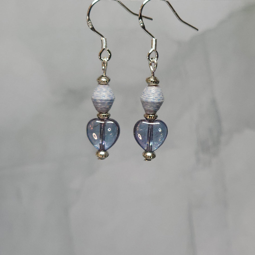 Dangle Hearts and Grey Paper Bead Earrings - 1-1/2