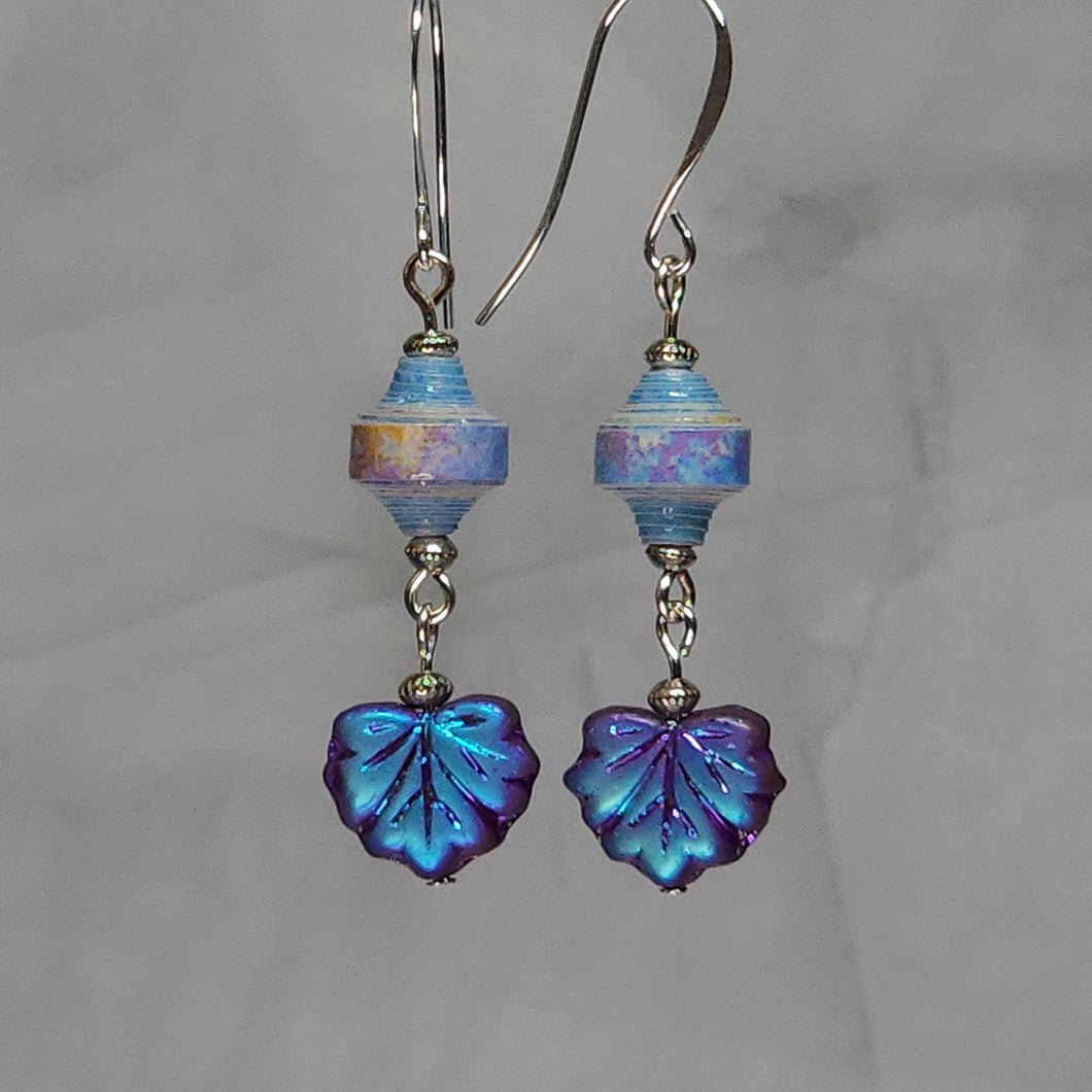 Blue Multi-Color Leaf Dangle Paper Bead Earrings - 2