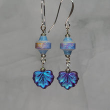 Load image into Gallery viewer, Blue Multi-Color Leaf Dangle Paper Bead Earrings - 2&quot; drop
