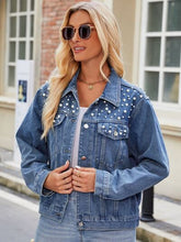 Load image into Gallery viewer, Pearl Detail Collared Neck Long Sleeve Denim Jacket
