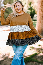 Load image into Gallery viewer, Plus Size Animal Print Color Block Ribbed Babydoll Top
