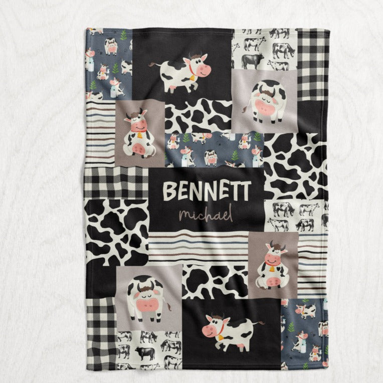 Personalized Boy's Cow Blanket - Steel, Black & Tan Cartoon Cowhide Faux Quilt Style Plush Minky Blanket