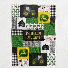 Load image into Gallery viewer, Personalized Green Tractor Blanket - Boy&#39;s Farming Faux Quilt Style Plush Minky Blanket
