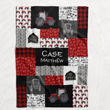 Load image into Gallery viewer, Personalized Red Tractor Blanket - Boy&#39;s Farming Faux Quilt Style Plush Minky Blanket
