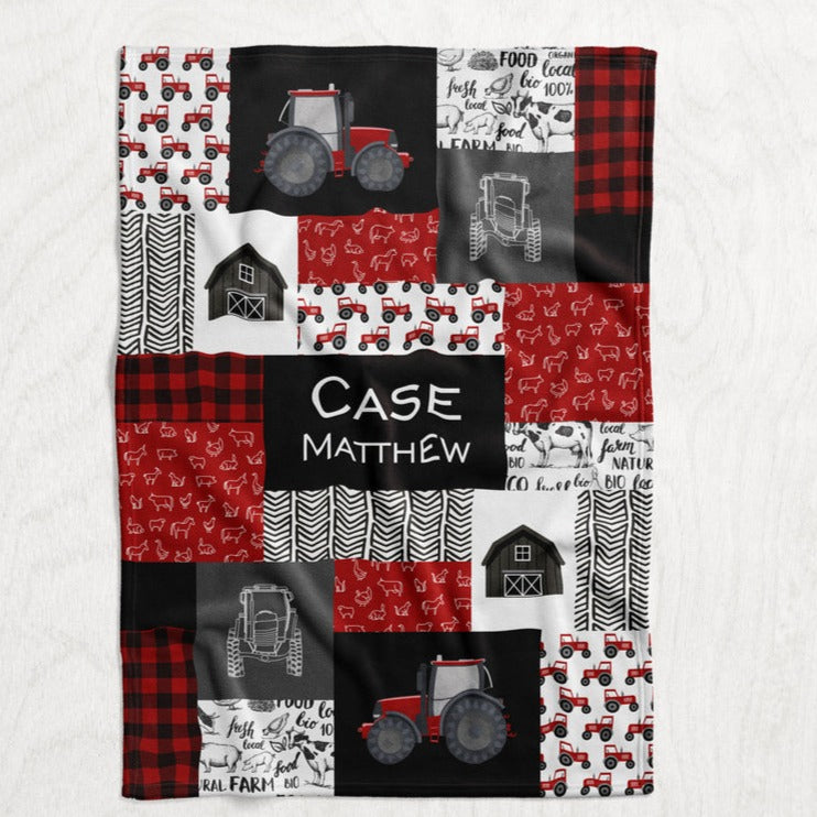 Personalized Red Tractor Blanket - Boy's Farming Faux Quilt Style Plush Minky Blanket