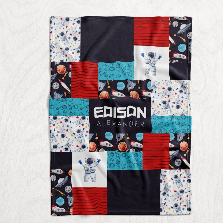 Personalized Boy's Astronaut Blanket - Watercolor Outer Space Faux Quilt Style Plush Minky Blanket