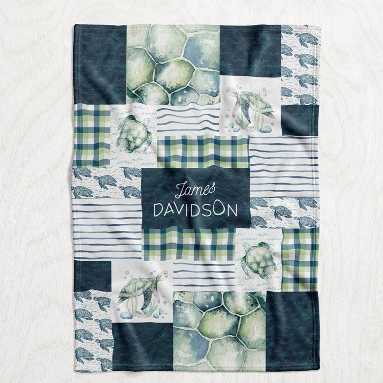 Personalized Boy's Turtle Blanket - Watercolor Ocean Sealife Faux Quilt Style Plush Minky Blanket