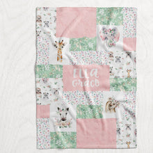 Load image into Gallery viewer, Personalized Girl&#39;s Watercolor Safari Animal Blanket - Lion, Tiger, Zebra, Giraffe &amp; Elephant Faux Quilt Style Plush Minky Blanket
