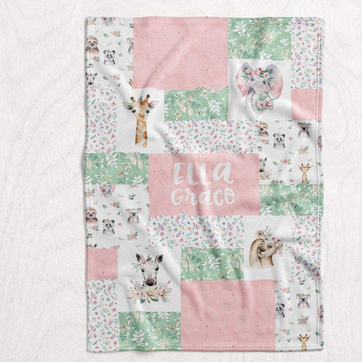 Personalized Girl's Watercolor Safari Animal Blanket - Lion, Tiger, Zebra, Giraffe & Elephant Faux Quilt Style Plush Minky Blanket