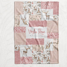 Load image into Gallery viewer, Personalized Girl&#39;s Boho Deer Blanket - Pink / Rose Gold &amp; Gray Faux Quilt Style Plush Minky Blanket
