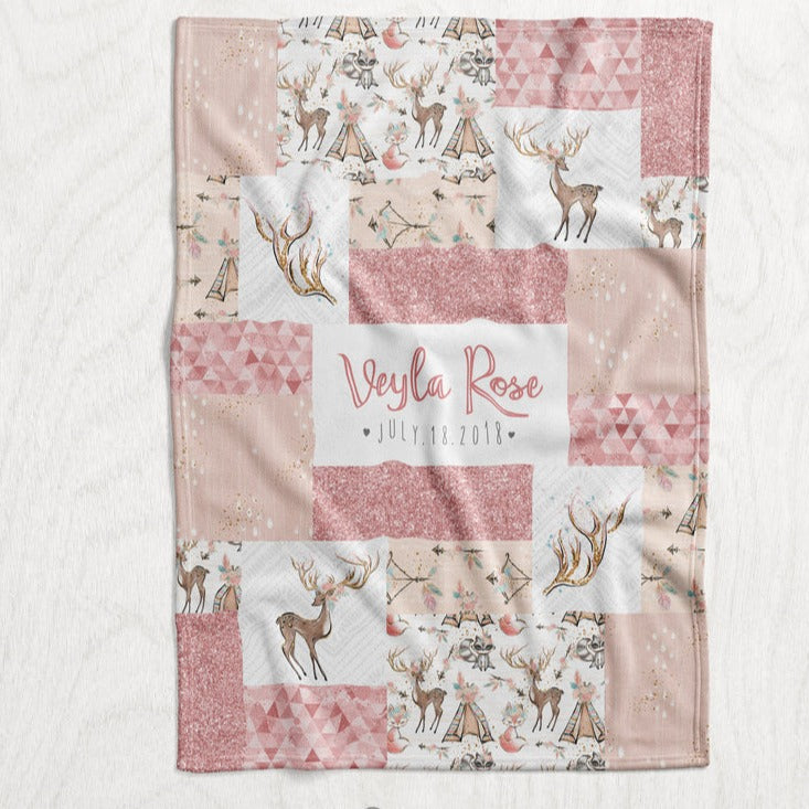 Personalized Girl's Boho Deer Blanket - Pink / Rose Gold & Gray Faux Quilt Style Plush Minky Blanket