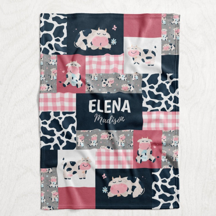 Personalized Girl's Cow Blanket - Pink, Navy & Gray Cartoon Cowhide Faux Quilt Style Plush Minky Blanket