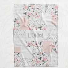 Load image into Gallery viewer, Personalized Girl&#39;s Watercolor Floral Blanket - Pink &amp; Gray Watercolor Flowers Faux Quilt Style Plush Minky Blanket
