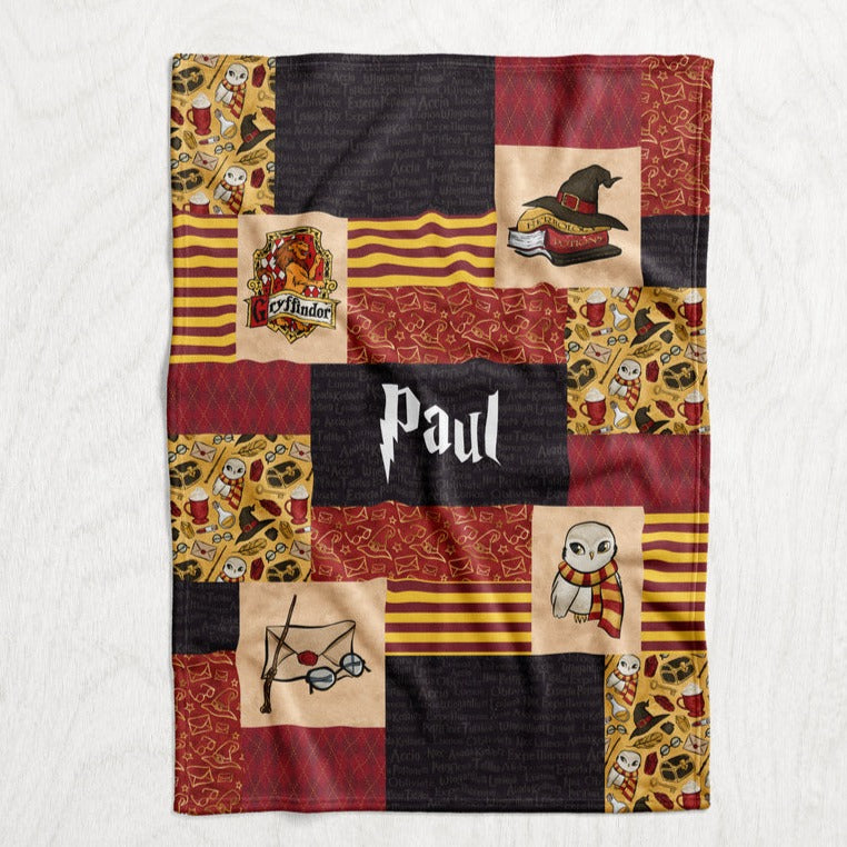 Personalized Harry Potter Inspired Blanket - Hogwarts Gryffindor Faux Quilt Style Plush Minky Blanket