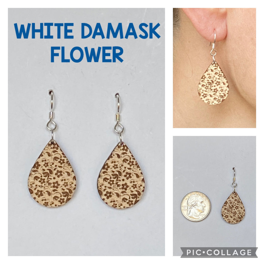 White Damask Flower Earrings