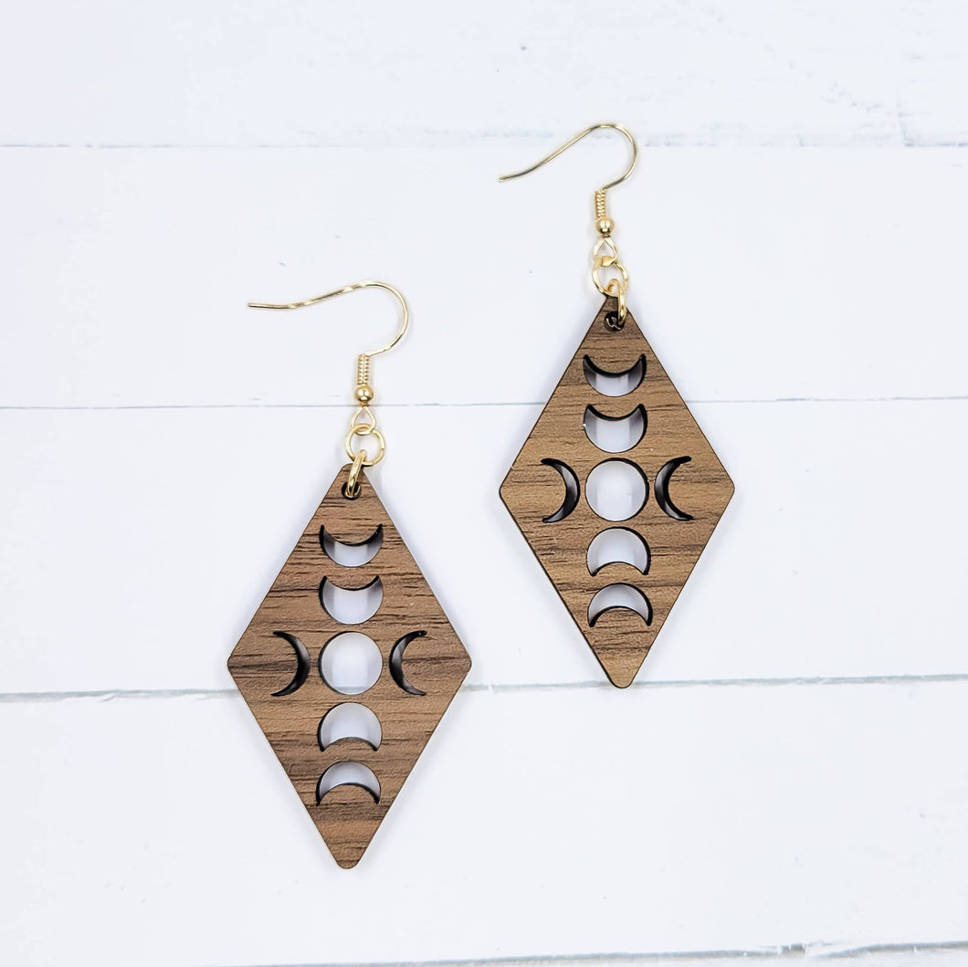 Moon Phases Diamond Wooden Dangle Earrings